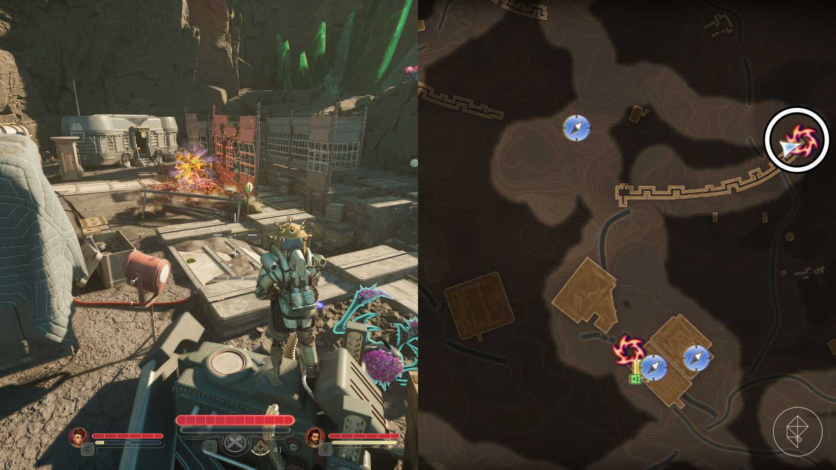 A montage of two The Outer Worlds 2 screenshots showing the location of one rift anomaly in Golden Ridge
