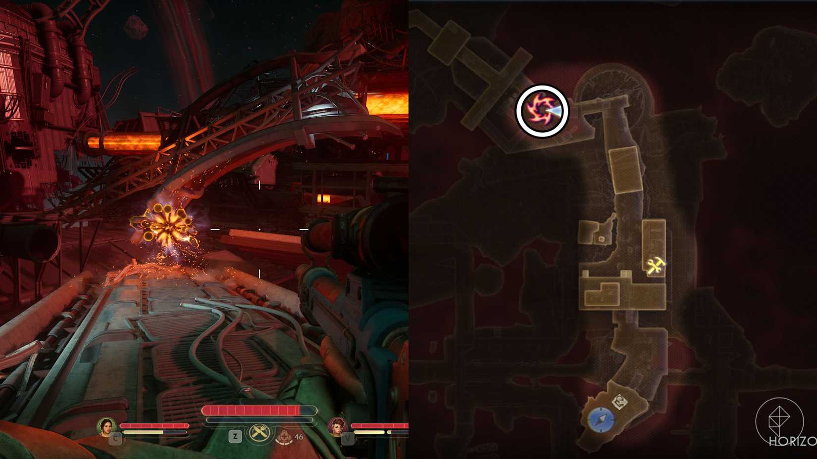 A montage of two The Outer Worlds 2 screenshots showing the location of one rift anomaly in Horizon Point Station