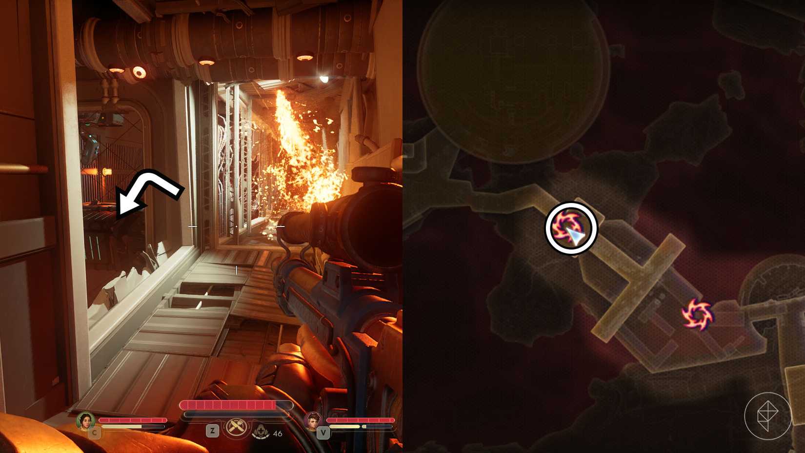 A montage of two The Outer Worlds 2 screenshots showing the location of one rift anomaly in Horizon Point Station