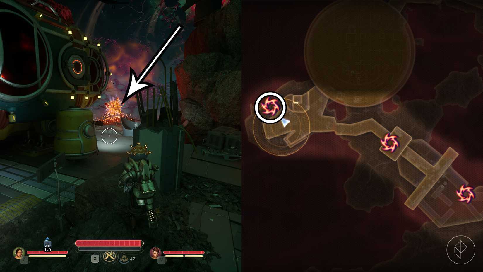 A montage of two The Outer Worlds 2 screenshots showing the location of one rift anomaly in Horizon Point Station