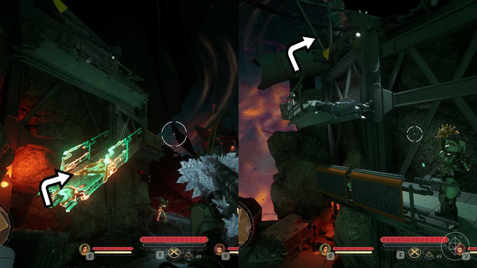 A montage of two The Outer Worlds 2 screenshots showing the path players must follow after activating the third rift in Horizon Point Station