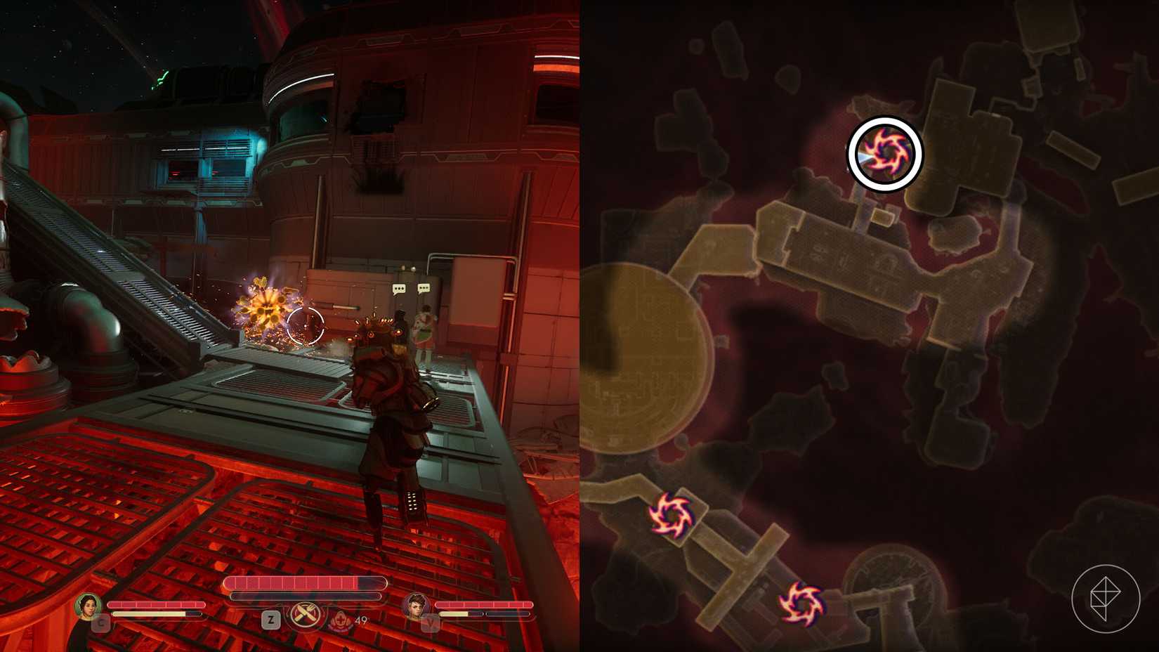 A montage of two The Outer Worlds 2 screenshots showing the location of one rift anomaly in Horizon Point Station