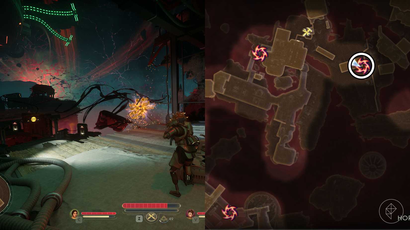 A montage of two The Outer Worlds 2 screenshots showing the location of one rift anomaly in Horizon Point Station