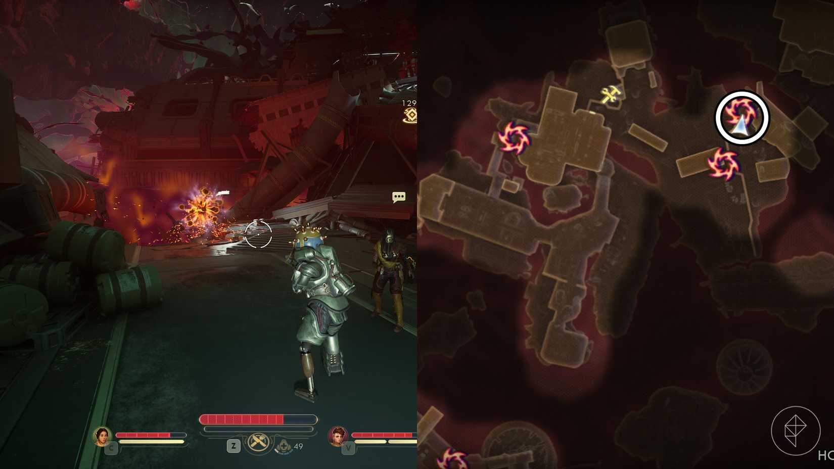 A montage of two The Outer Worlds 2 screenshots showing the location of one rift anomaly in Horizon Point Station