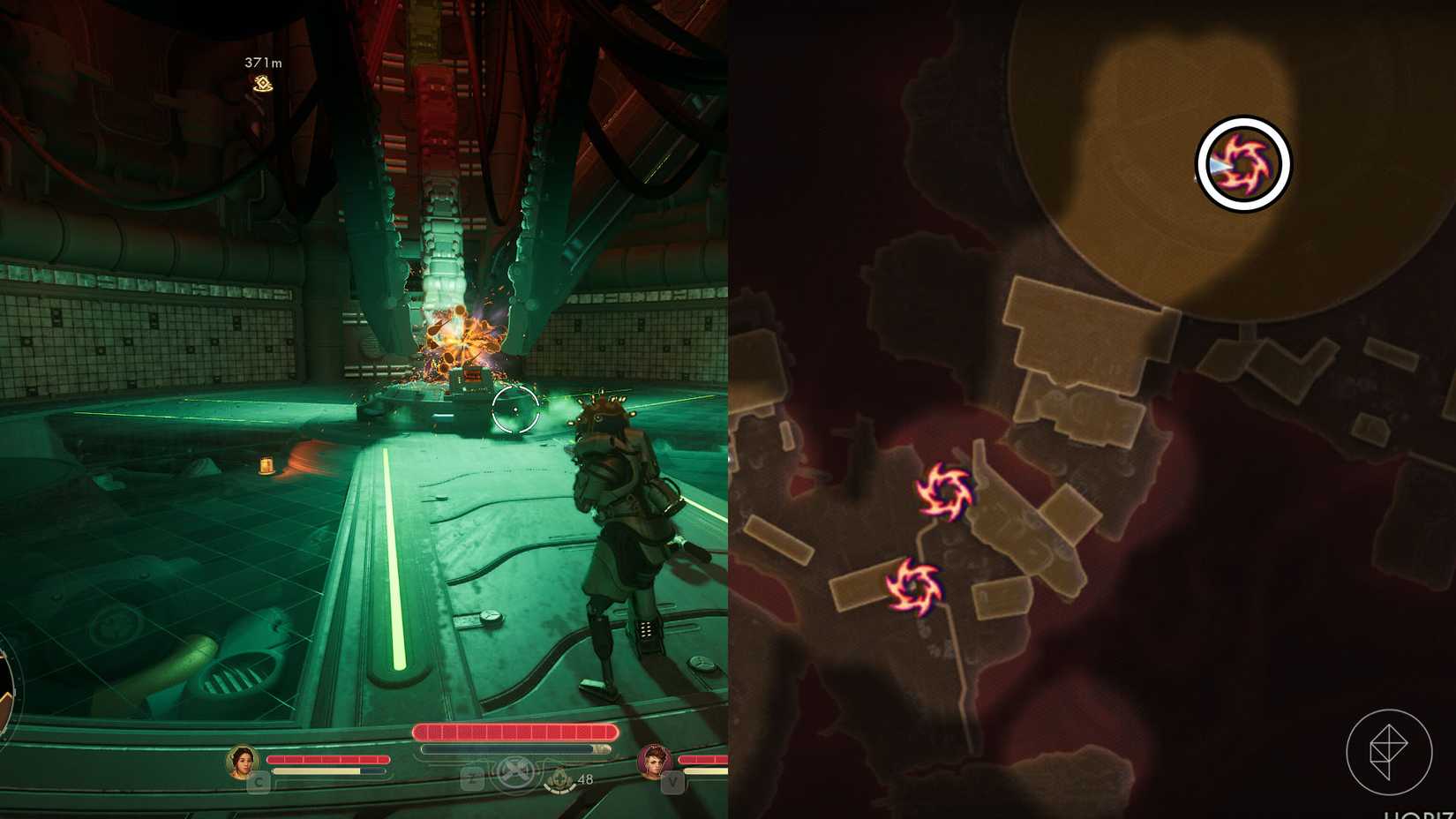A montage of two The Outer Worlds 2 screenshots showing the location of one rift anomaly in Horizon Point Station