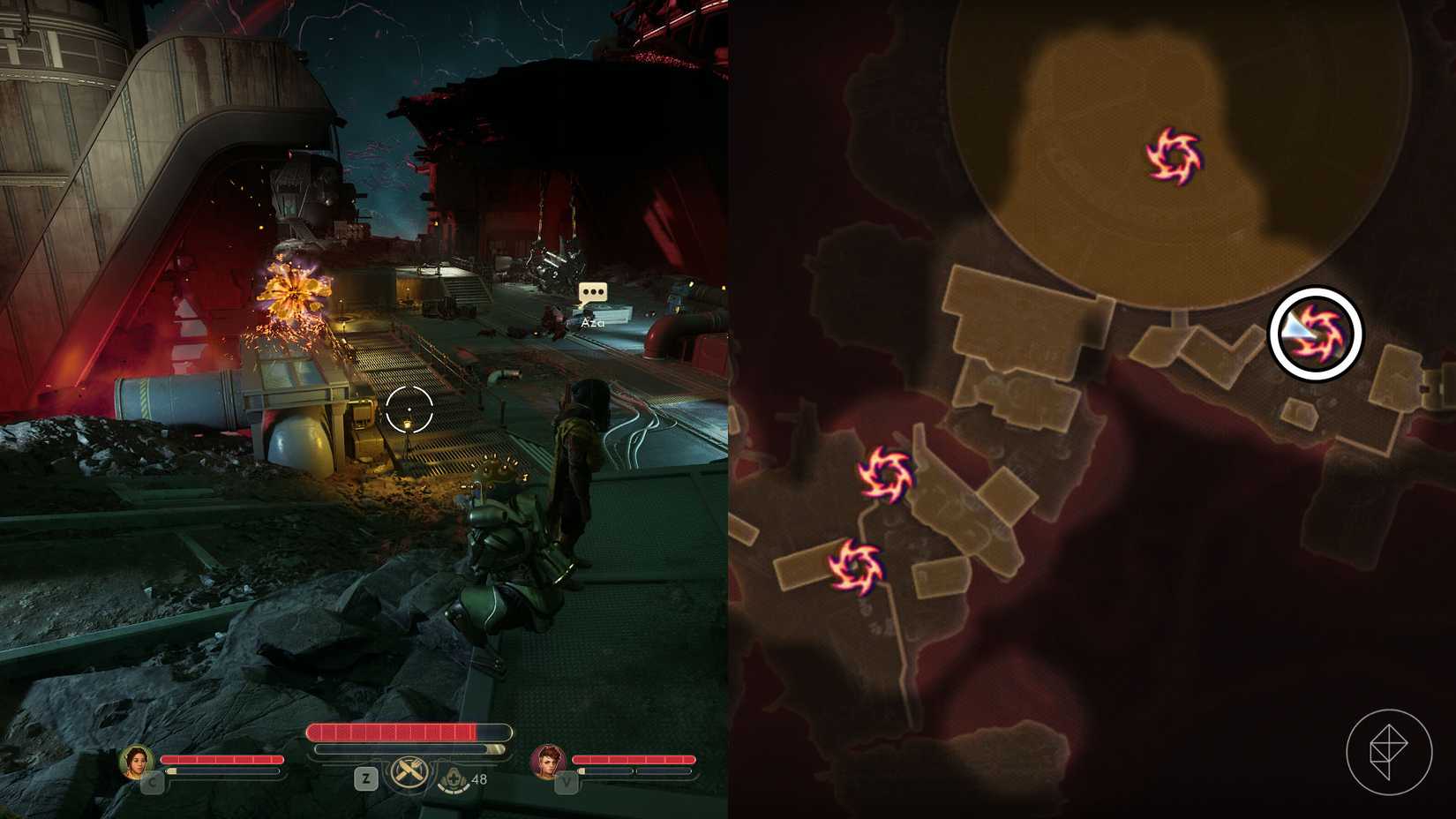 A montage of two The Outer Worlds 2 screenshots showing the location of one rift anomaly in Horizon Point Station