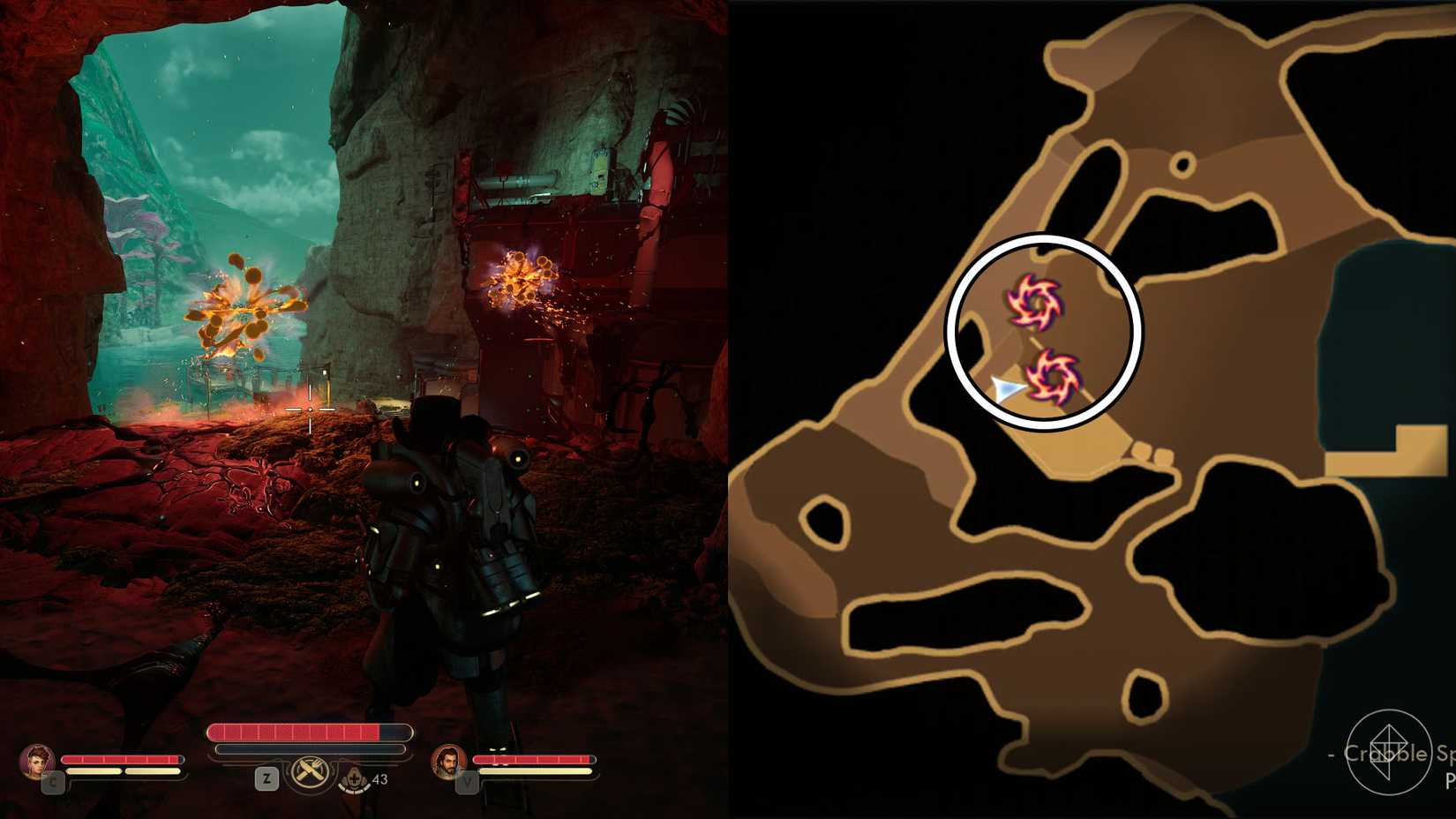 A montage of two The Outer Worlds 2 screenshots showing the location of two rift anomalies in Paradise Island