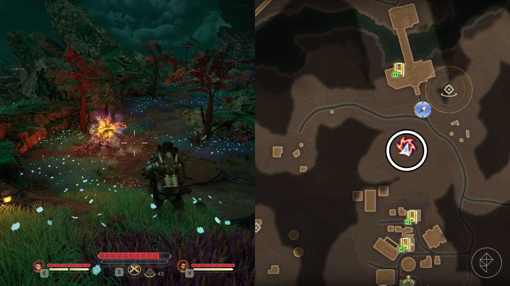 A montage of two The Outer Worlds 2 screenshots showing the location of one rift anomaly in Paradise Island