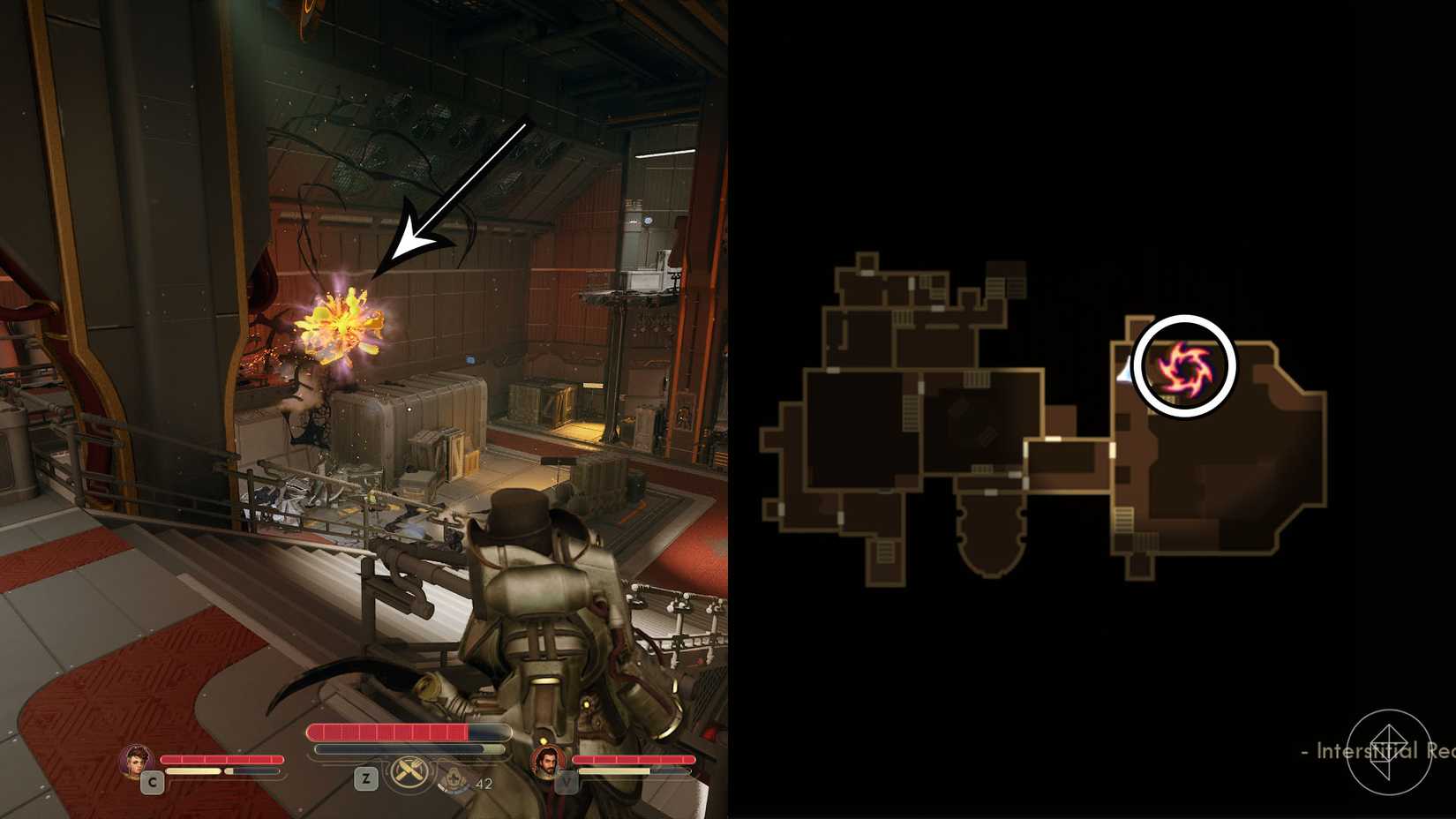 A montage of two The Outer Worlds 2 screenshots showing the location of one rift anomaly in Praetor