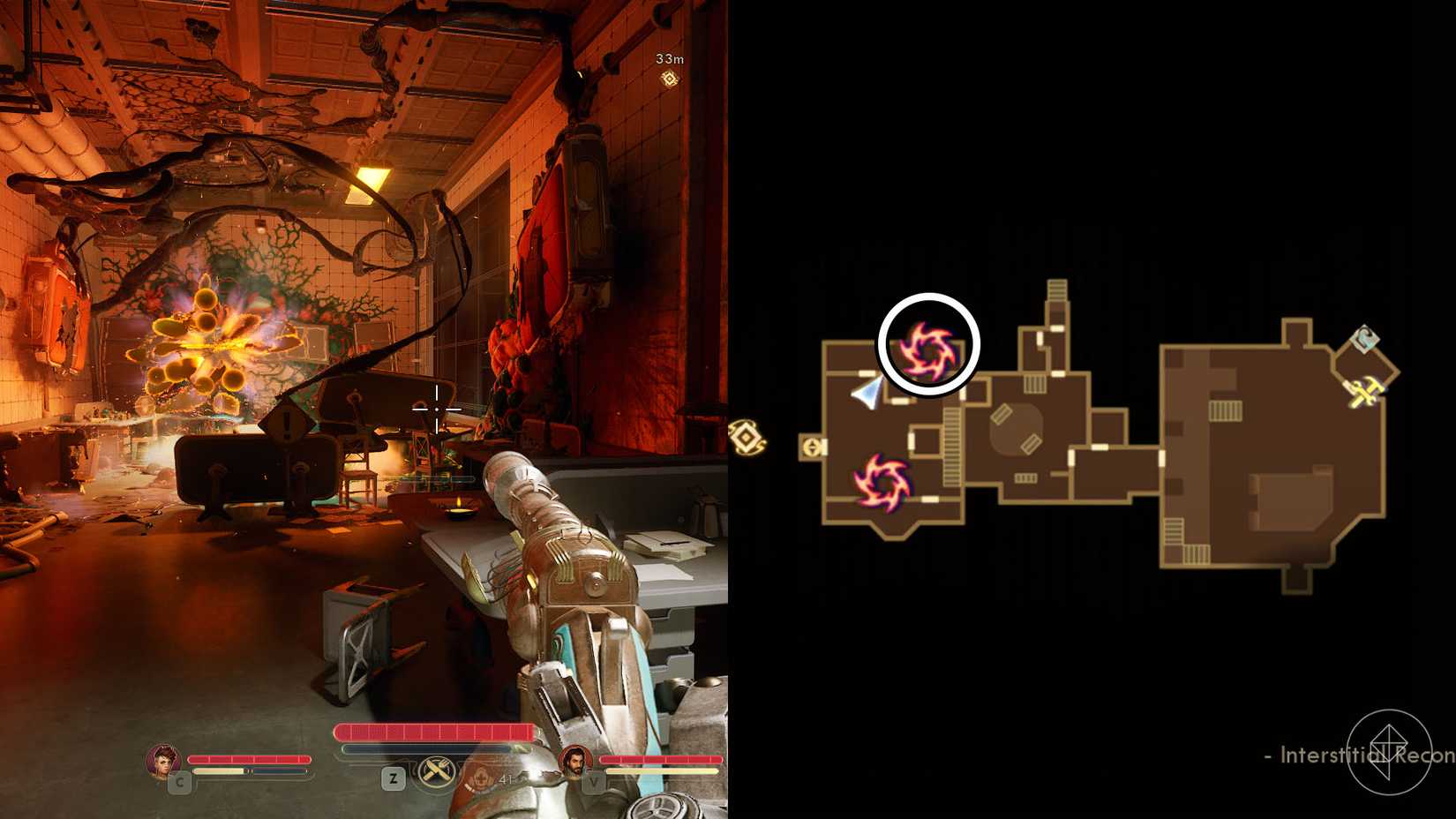 A montage of two The Outer Worlds 2 screenshots showing the location of one rift anomaly in Praetor
