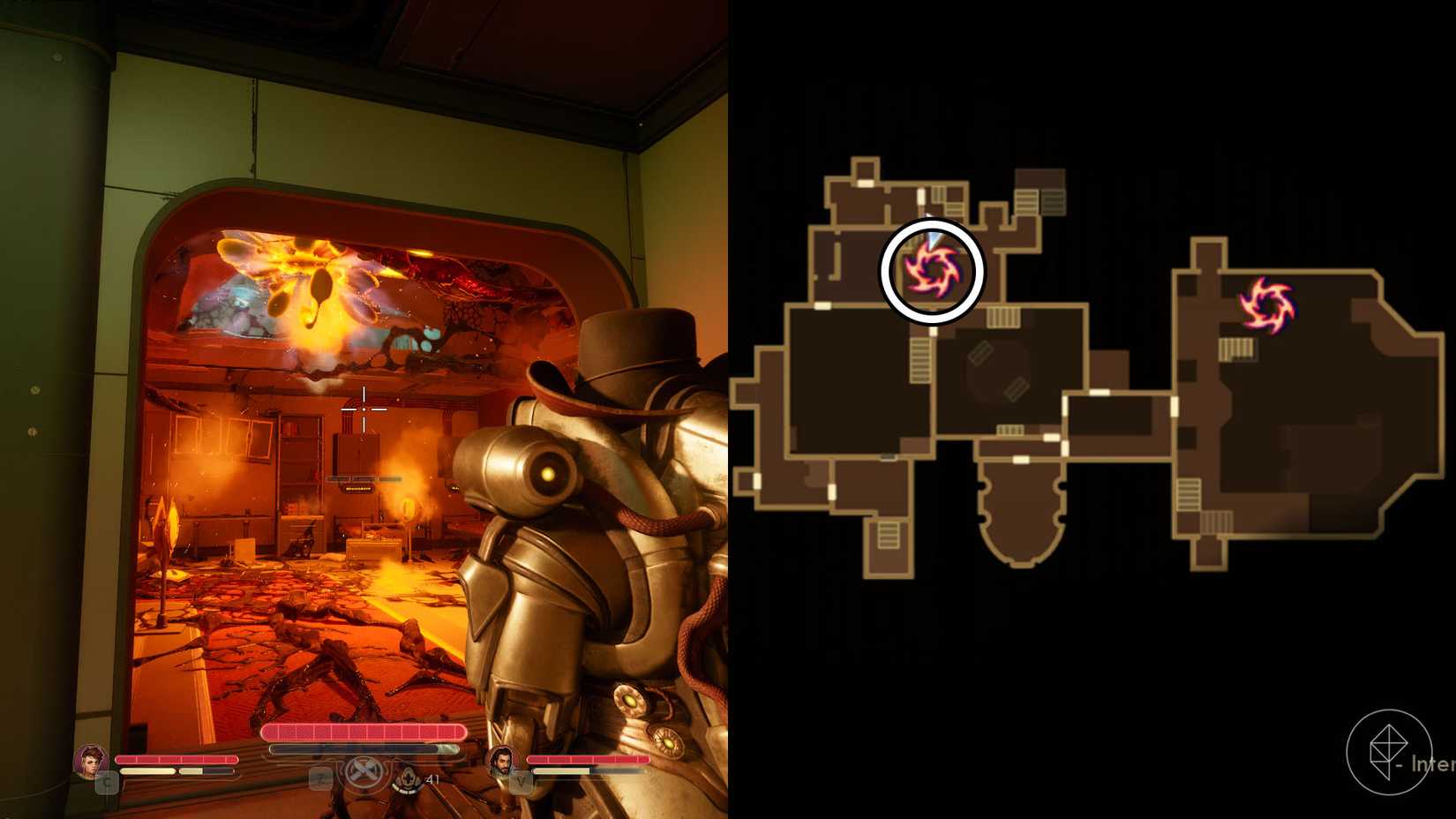 A montage of two The Outer Worlds 2 screenshots showing the location of one rift anomaly in Praetor