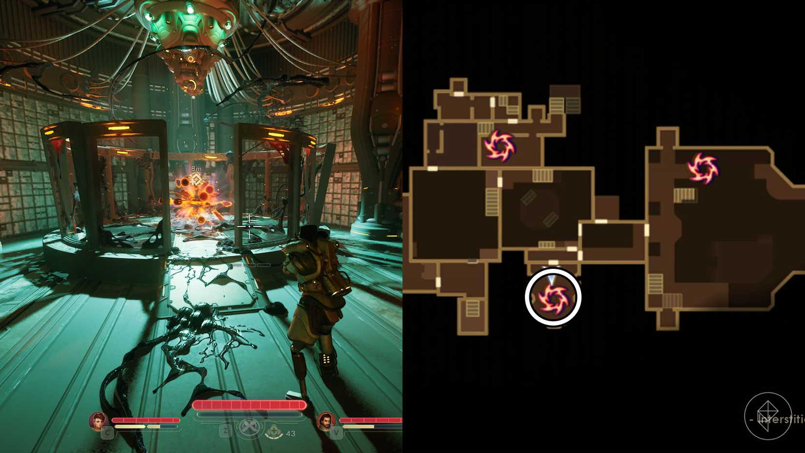 A montage of two The Outer Worlds 2 screenshots showing the location of one rift anomaly in Praetor