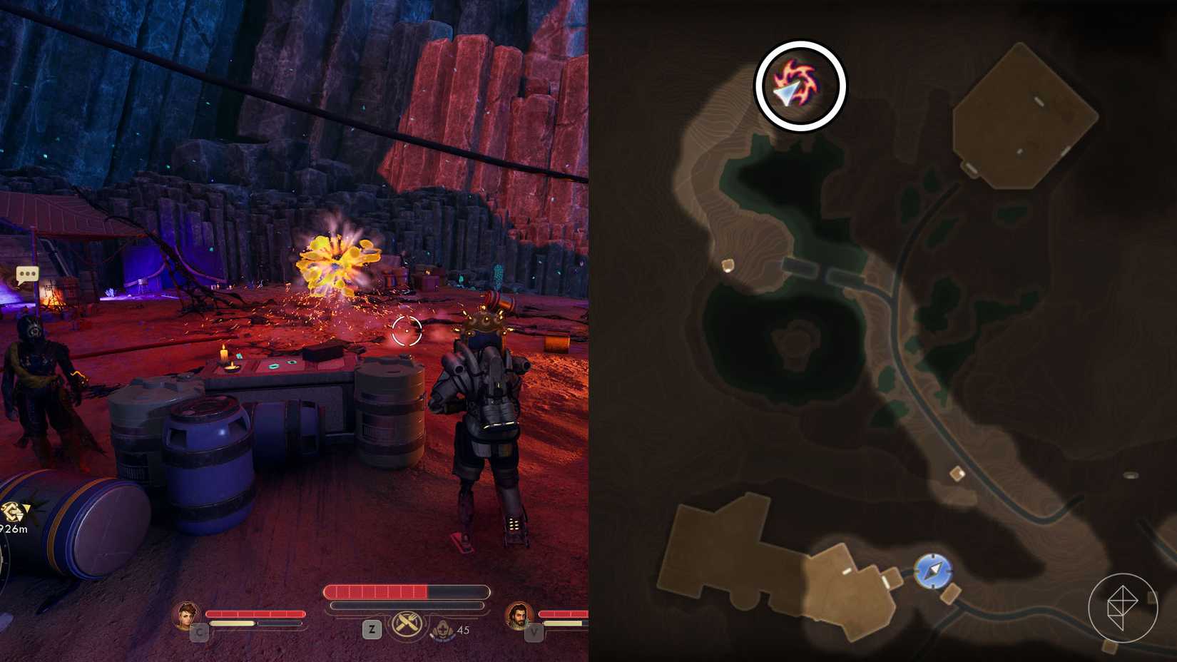 A montage of two The Outer Worlds 2 screenshots showing the location of one rift anomaly in Praetor