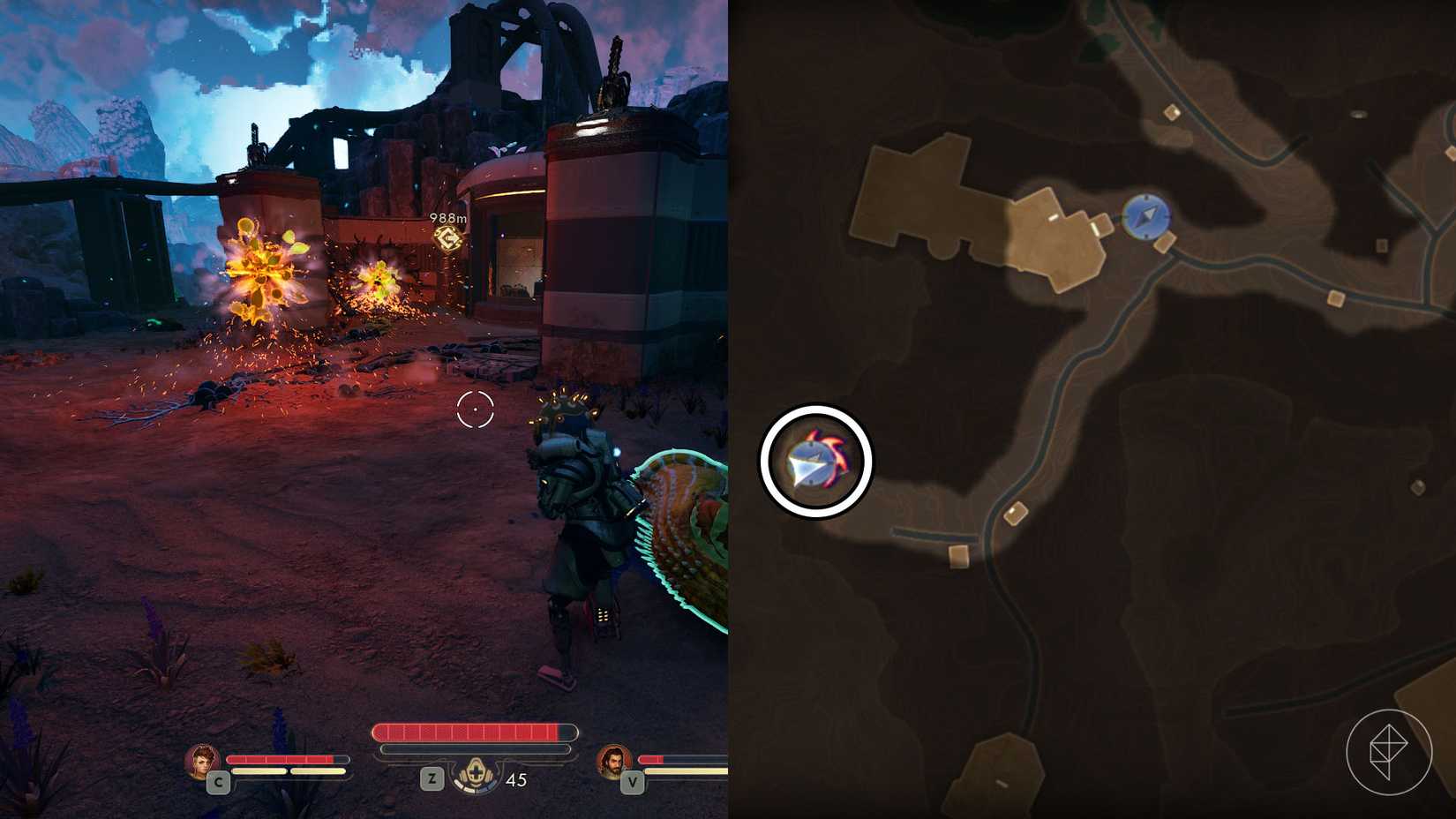 A montage of two The Outer Worlds 2 screenshots showing the location of two rift anomalies in Praetor