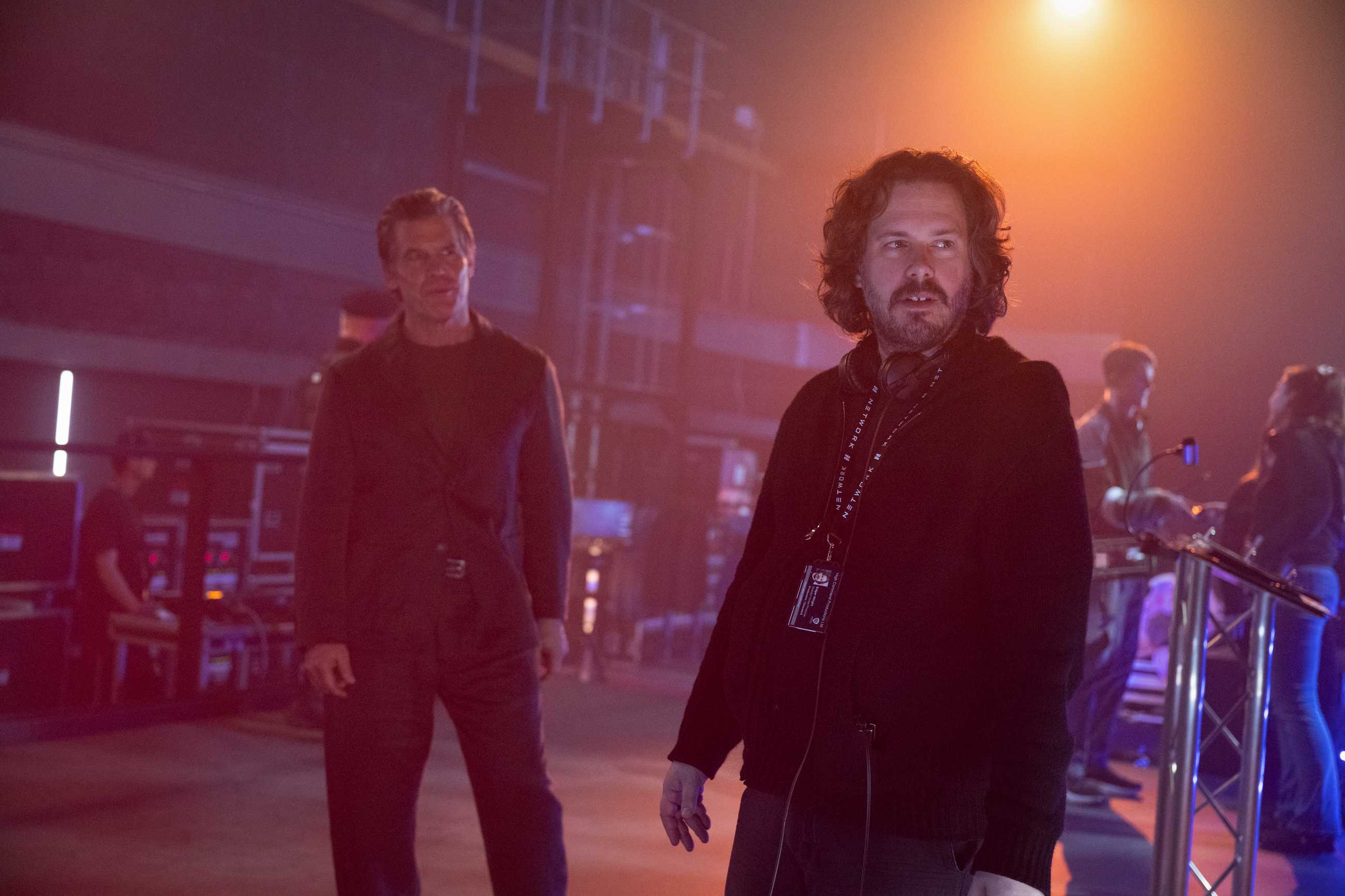 Edgar Wright on the set of The Running Man with Josh Brolin