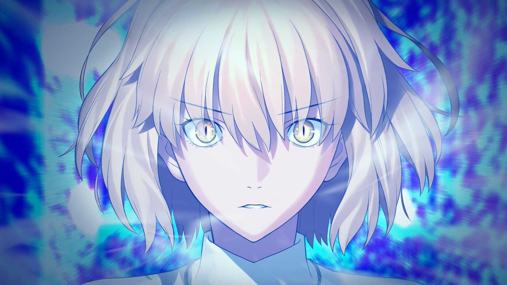 A screenshot of Tsukihime, a piece of blue glass with a moon, showing a shot of Arcueid's head surrounded by flames.