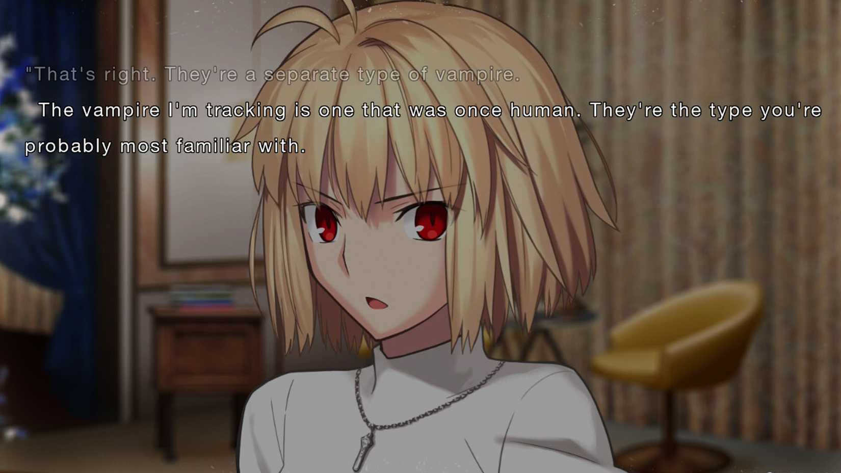 A Tsukihime Blue glass moon screenshot showing Arcueid and a brief explanation of vampires.