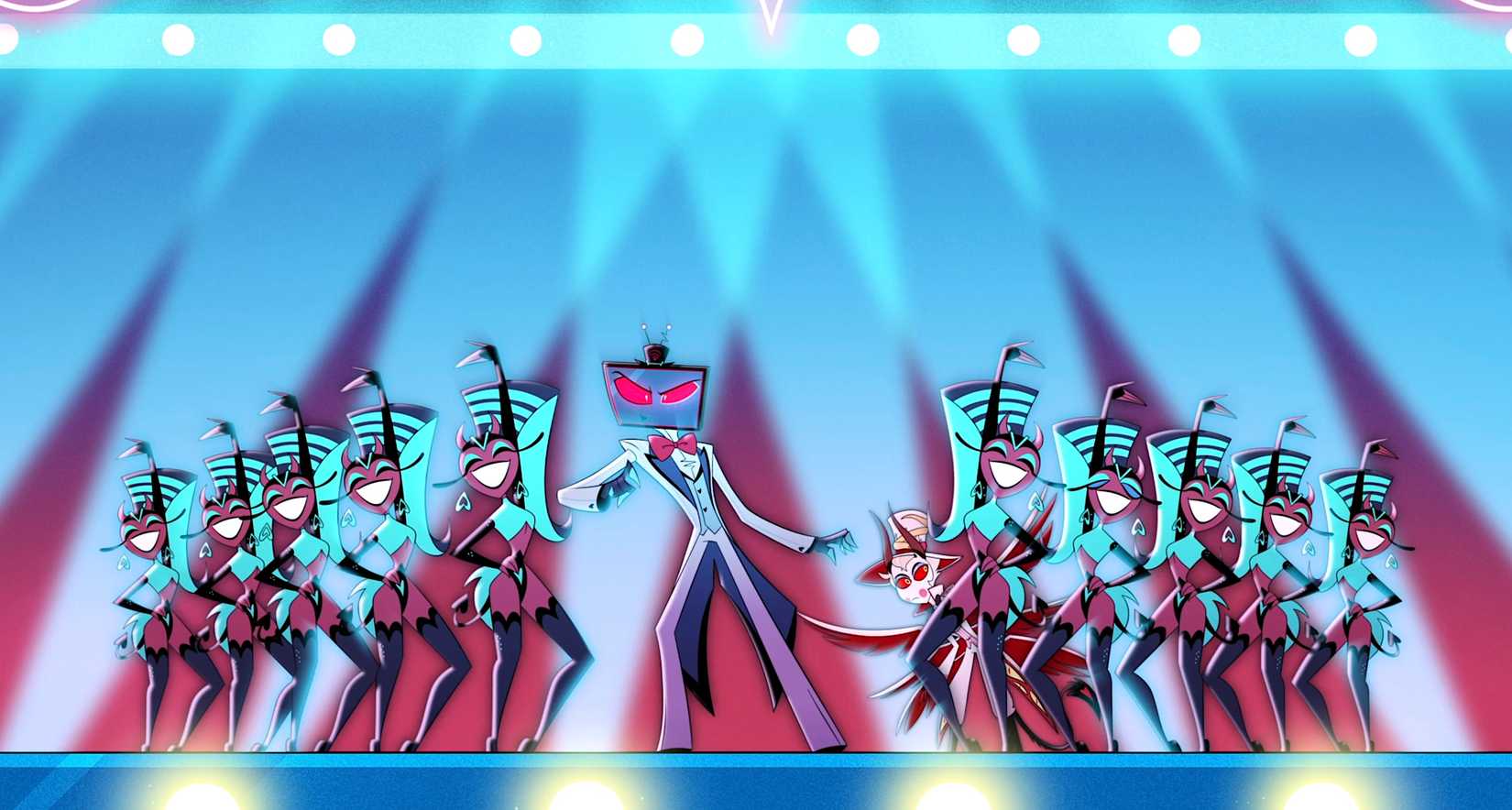 Vox leading a chorus line of dancers onstage in Hazbin Hotel season 2