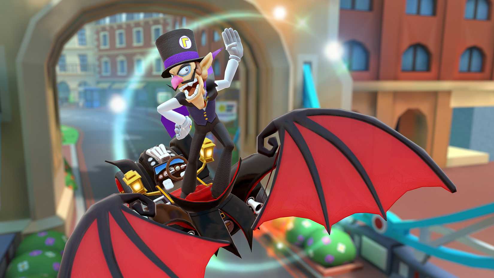 Waluigi wearing a vampire costume from Mario Kart World Tour