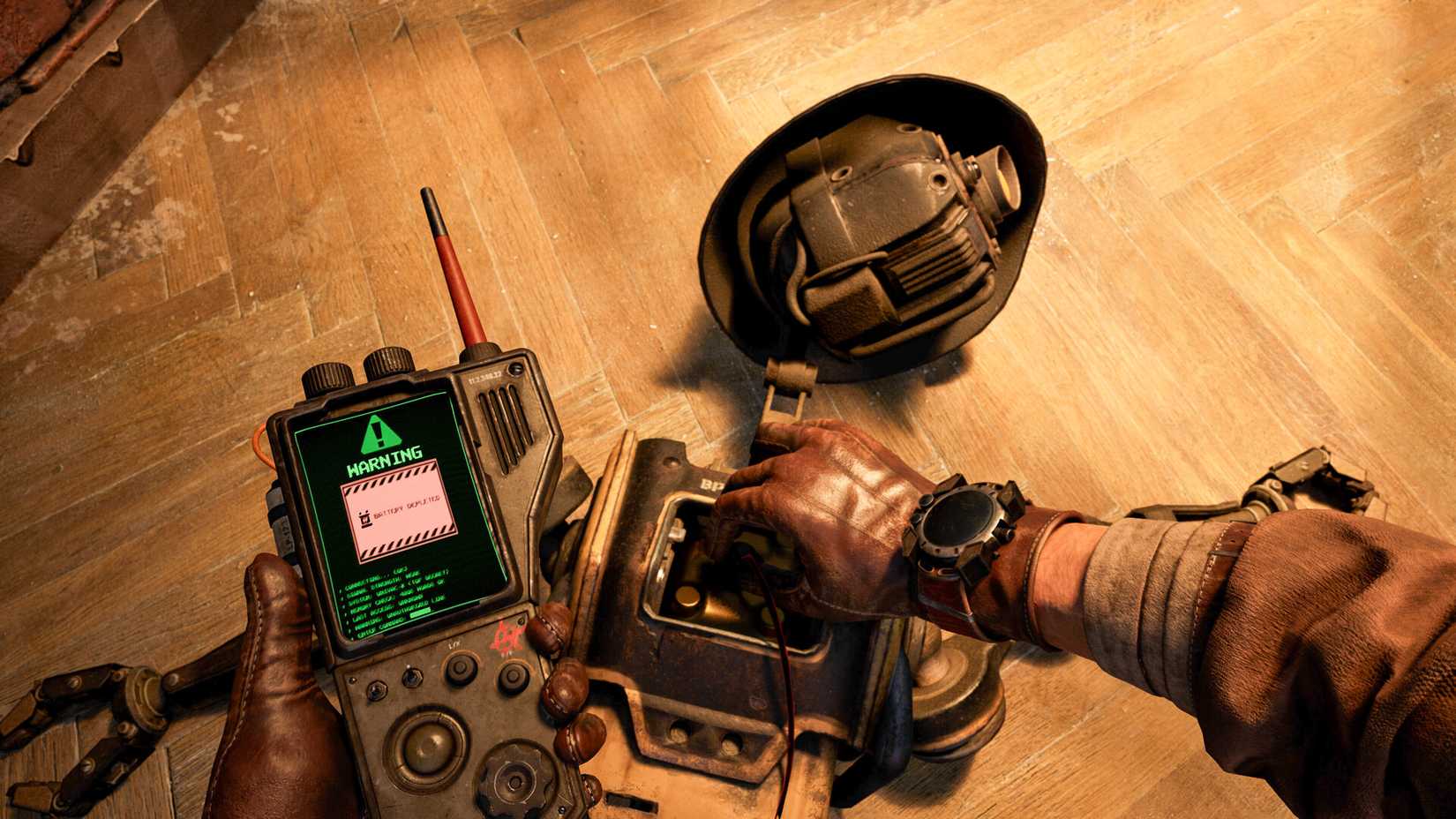 The player in War Mechanic tinkers with an electronic devise.