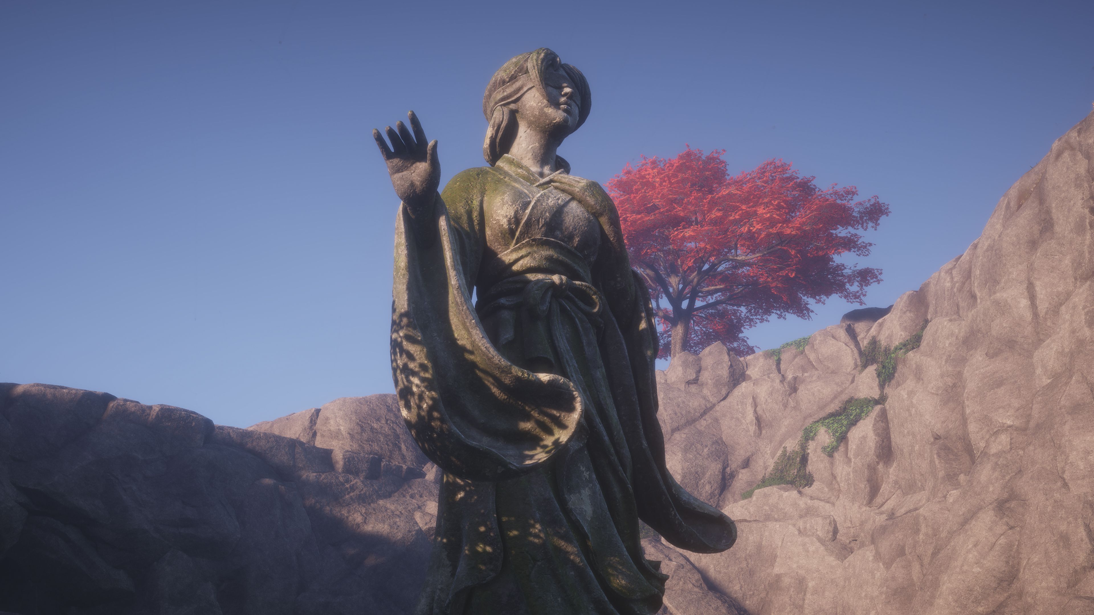 The blind girl's statue as part of the lake puzzle in Where Winds Meet.