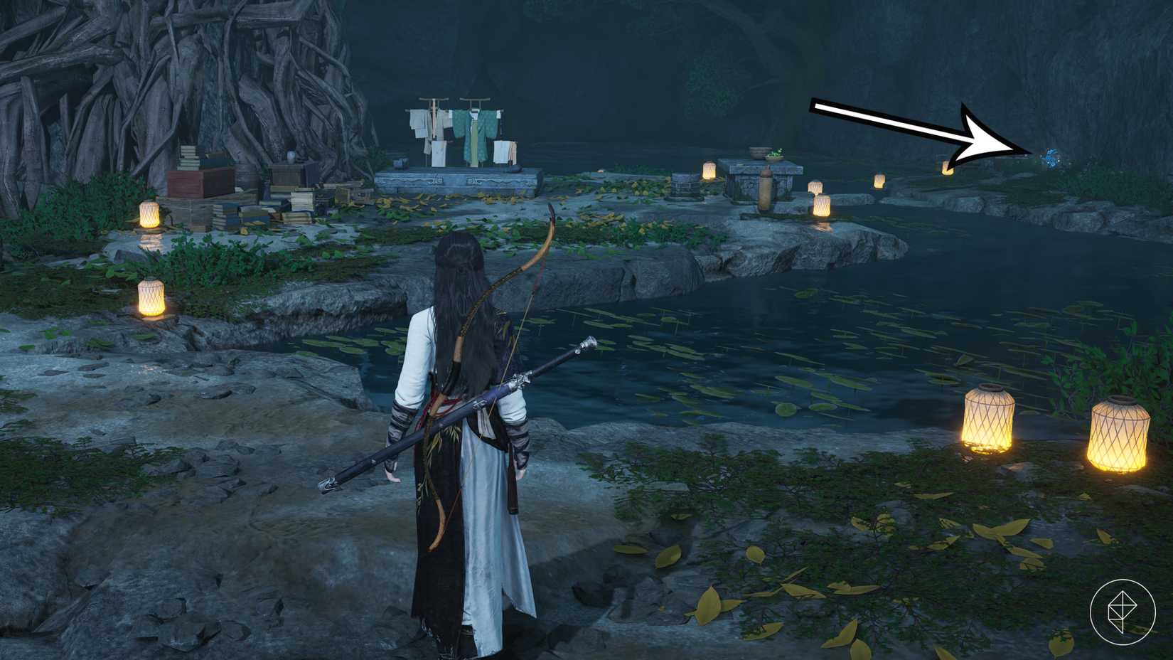 An arrow points to the moonlit flower which the player needs to help the Lunar Goddess and complete the 'Blind to the World' quest in Where Winds Meet.