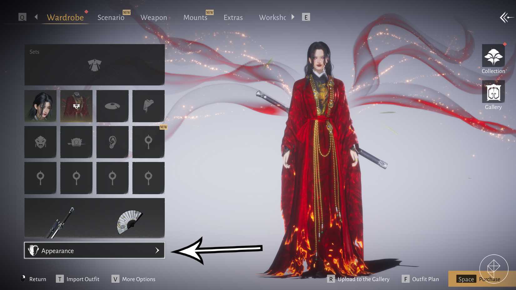 An arrow points to the appearance adjustment menu in Where Winds Meet.