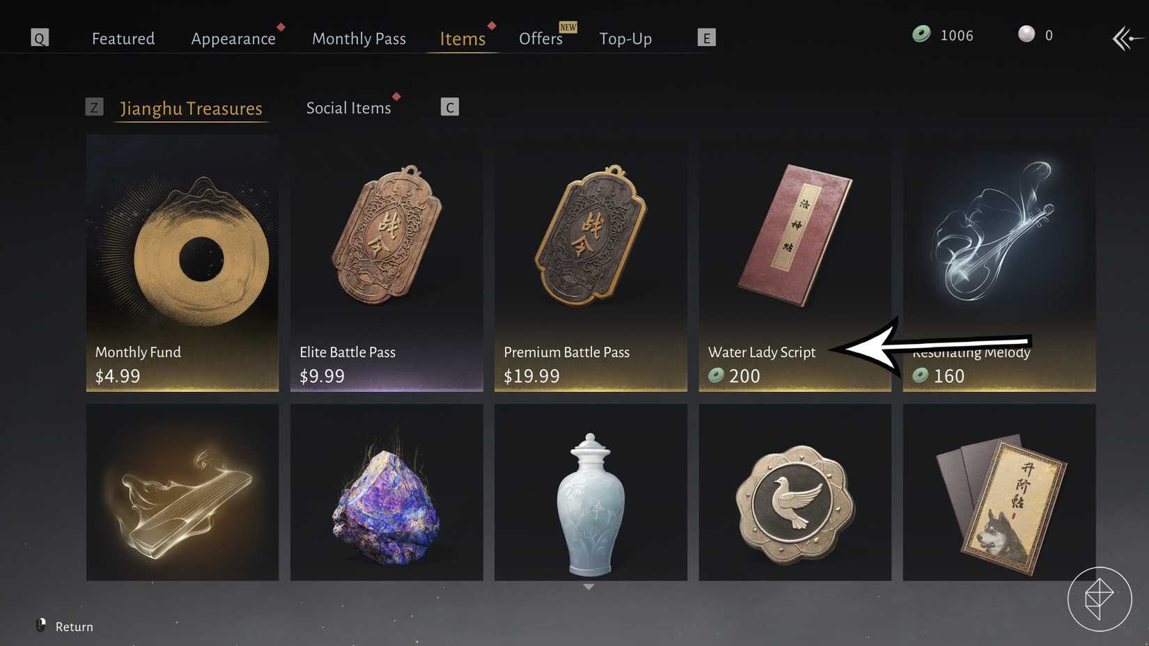 An arrow points to the Water Lady Script item in Where Winds Meet.