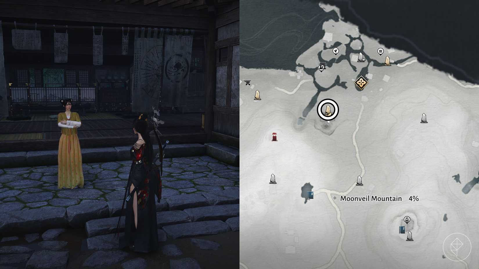 A montage of two Where Winds Meed screenshot showing where the Evercare Clinic is located