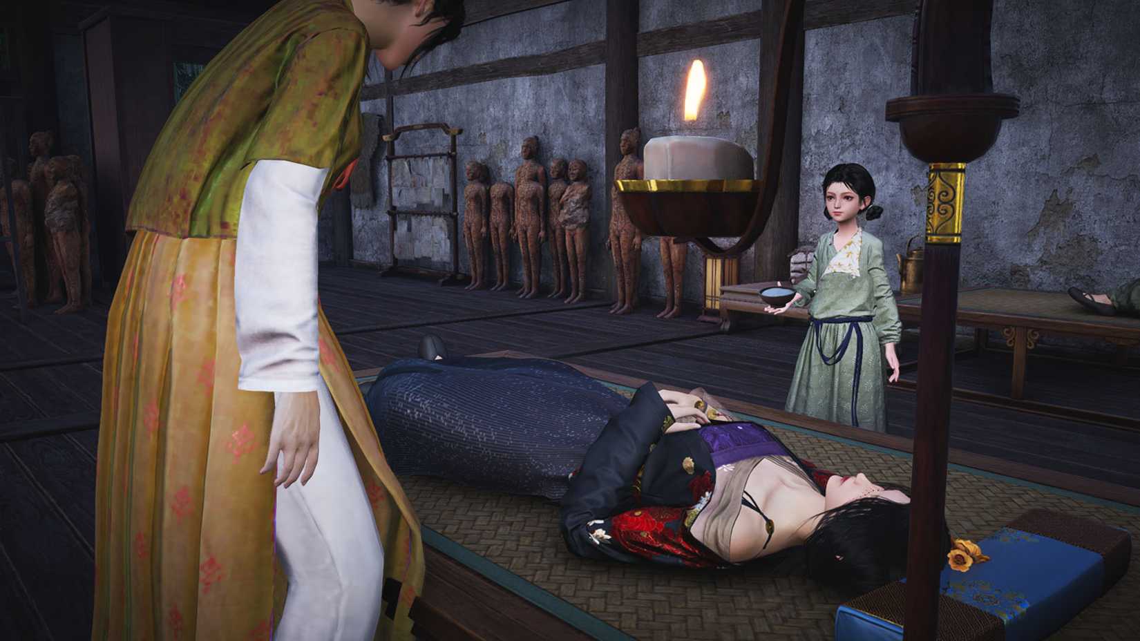 A Where Winds Meet screenshot showing a character receiving medical treatment
