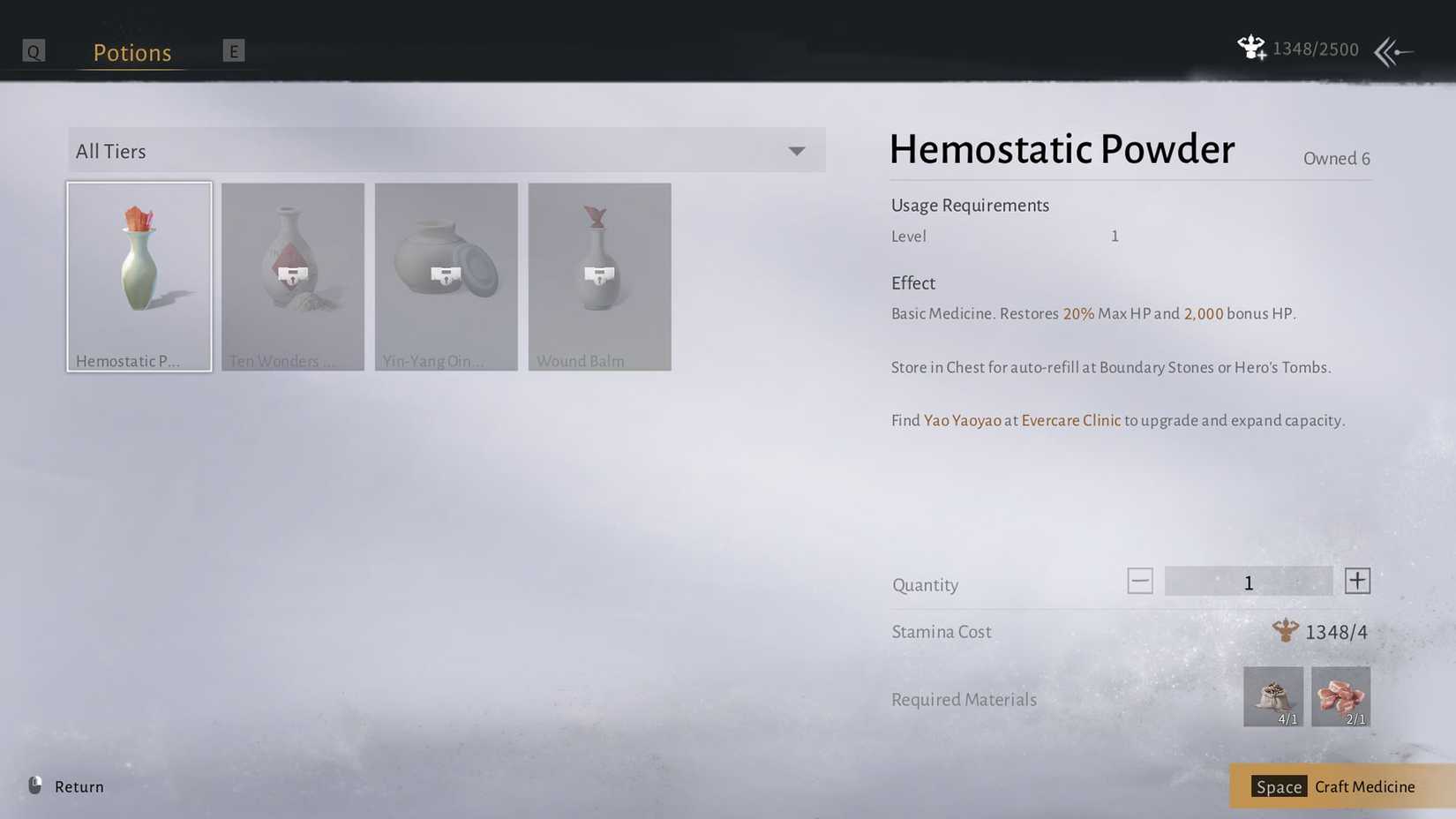 A Where Winds Meet screenshot showing the crafting meny ahd the Hemostatic Powder healing pot description