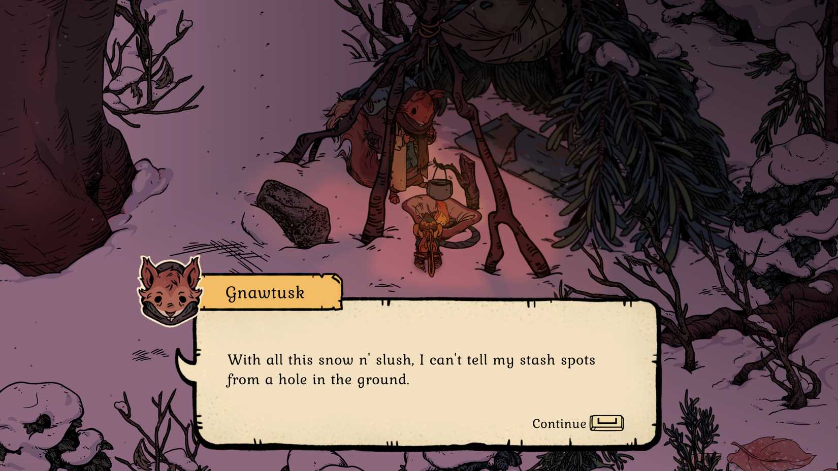 A player meets Gnawtusk in Winter Burrow.