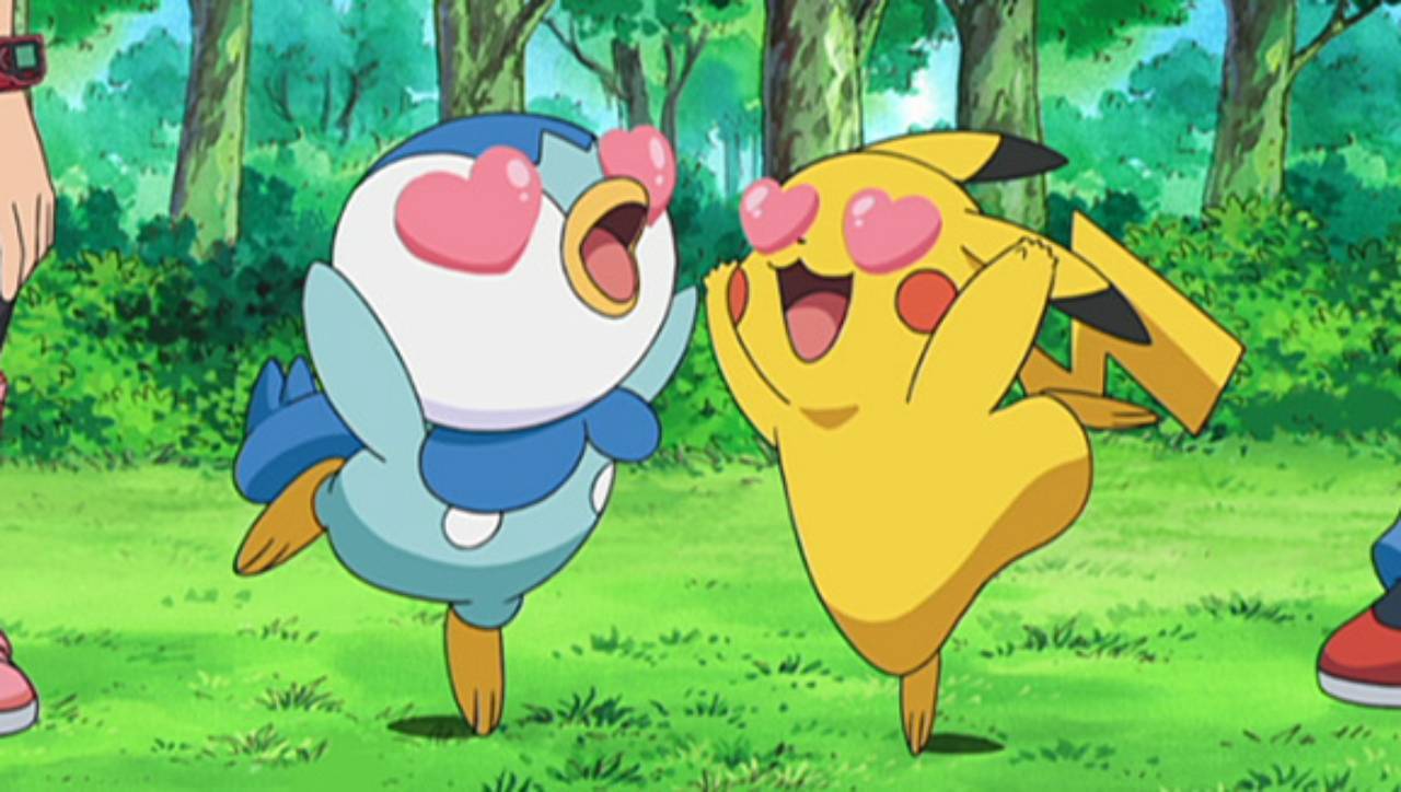 Pikachu and Piplup in the Pokemon anime, both giving each other heart eyes.