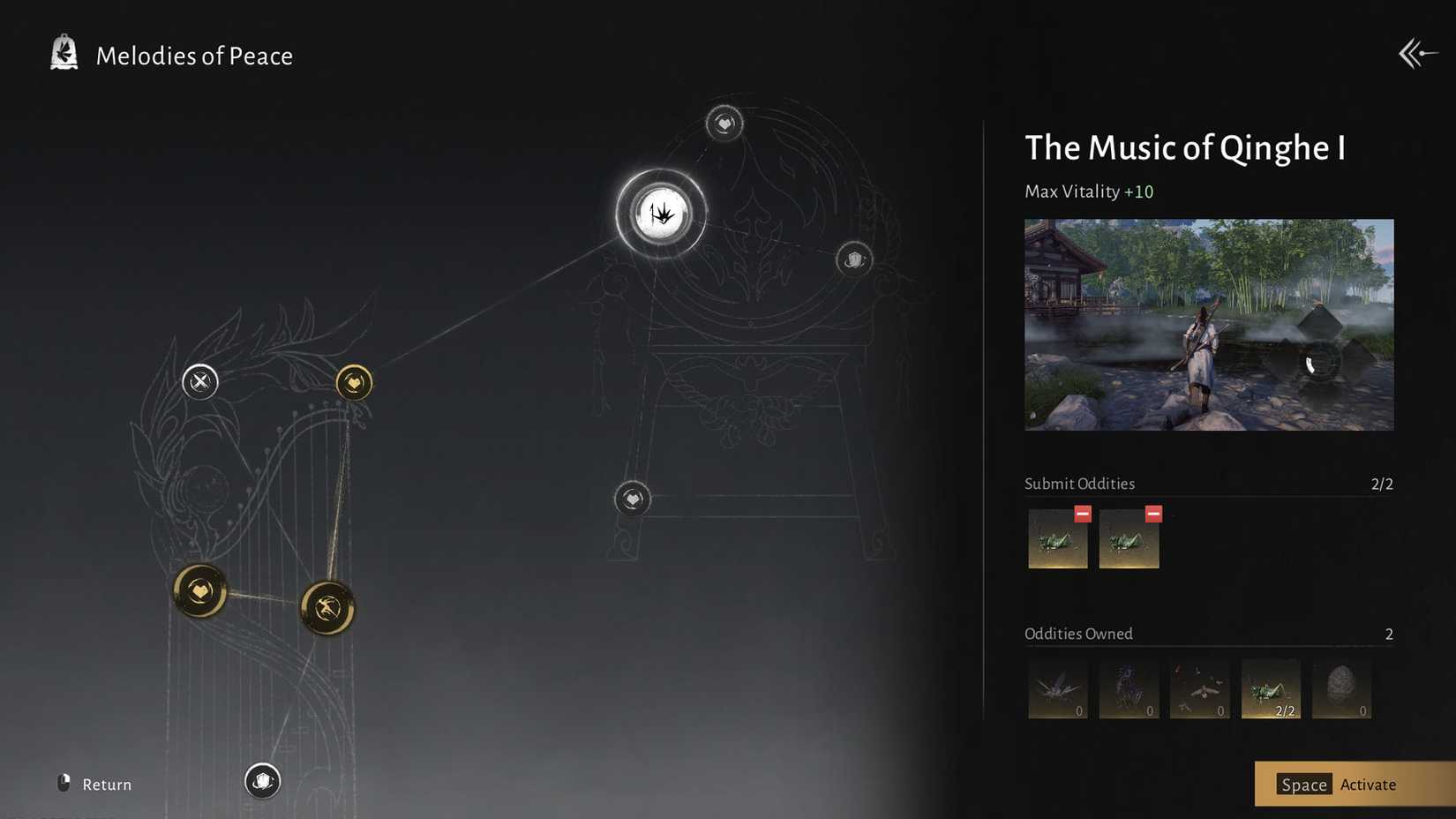 A Where Winds Meet screenshot showing the Melodies of Peace menu with the node that increases the character's vitality