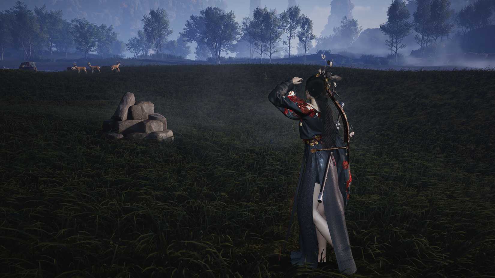 A Where Winds Meet screenshot showing a female character posing next to piled rocks