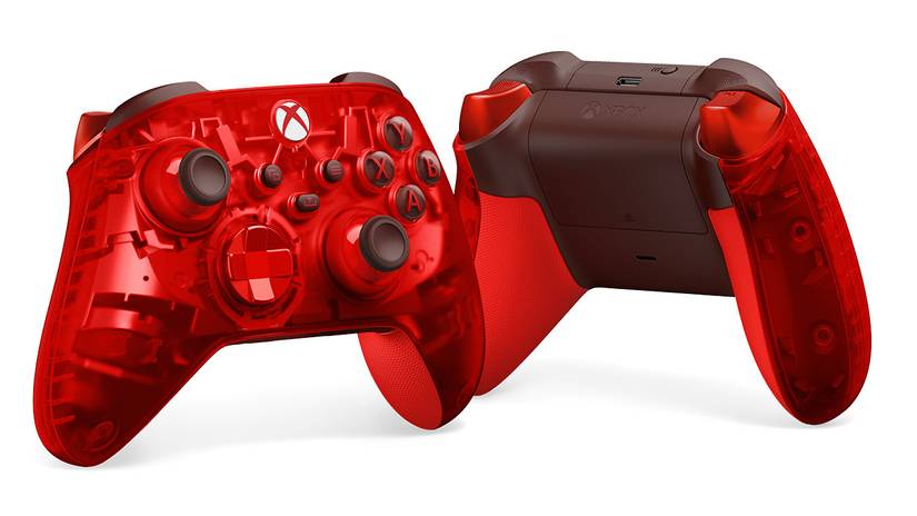 A red Xbox Wireless Controller sits on display.