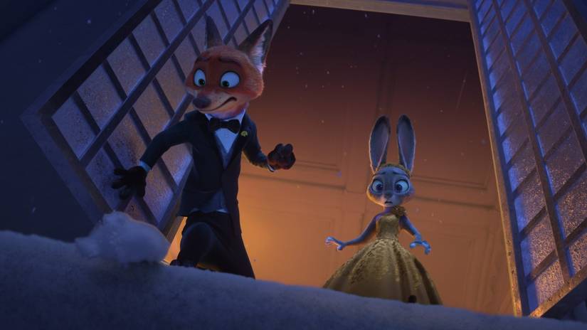 Nick Wilde in a tux and Judy Wilde in a yellow gown look out an open window in Zootopia 2