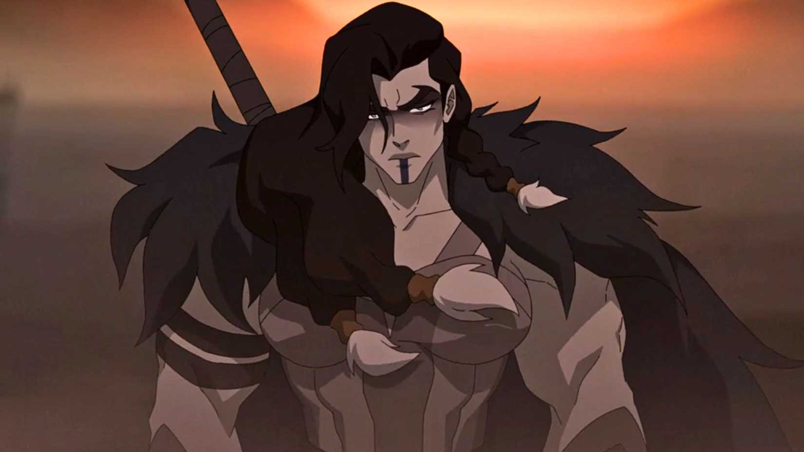 An image of a muscular woman from The Mighty Nein known as Yasha. She wears a fur cloak and has face paint under her lip.