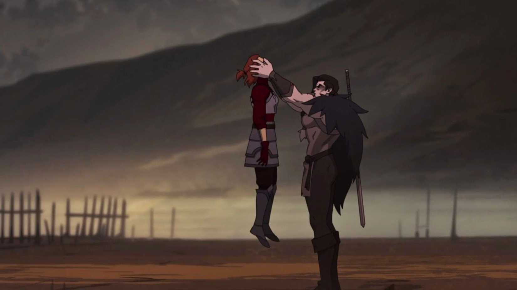 A screenshot from The Mighty Nein. It depicts Yasha, a muscular barbarian woman holding a woman up by her eyeballs.