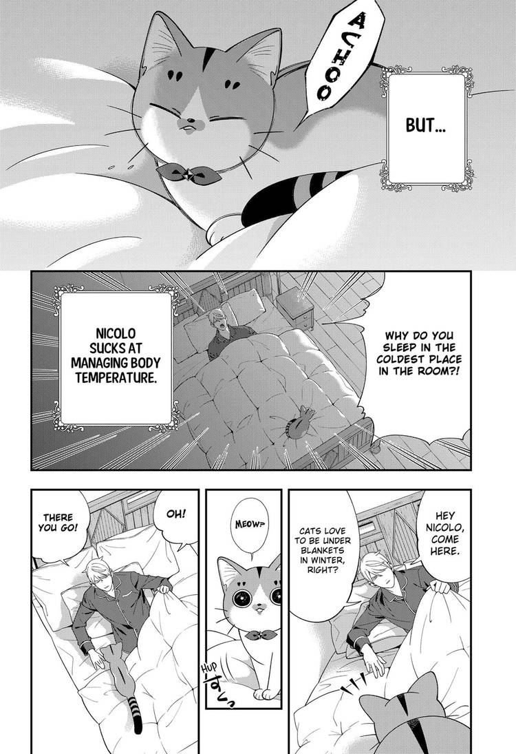 A page from the manga Taro Miyao becomes a cat parent showing Taro and Nicolo sleeping together