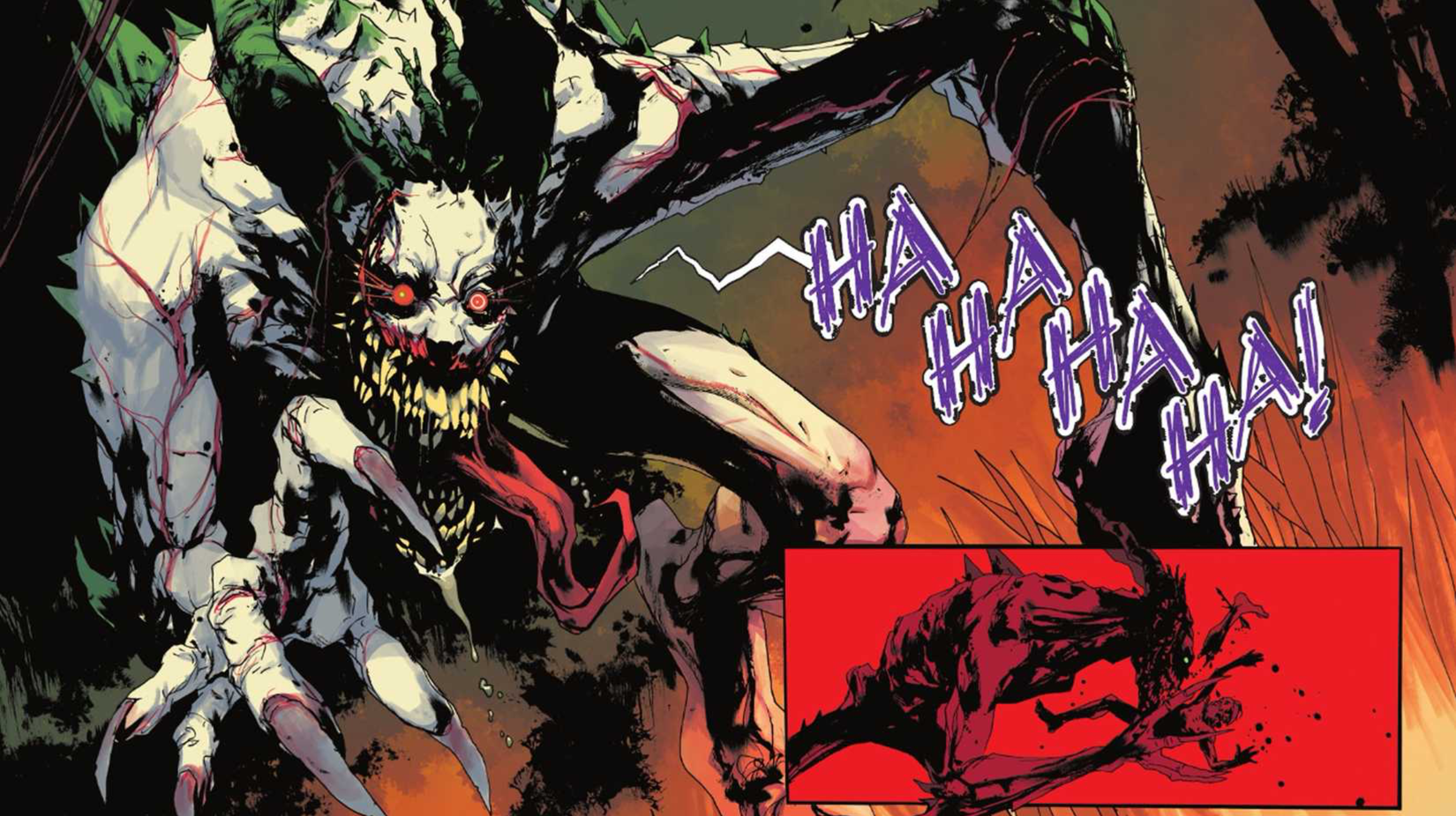 A full reveal of the Absolute Joker: rows of teeth, elongated arms, long tongue and claws, pursuing a victim in Absolute Batman #15