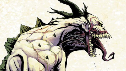 A white creature with green horns, scales, and large teeth from Absolute Batman #15