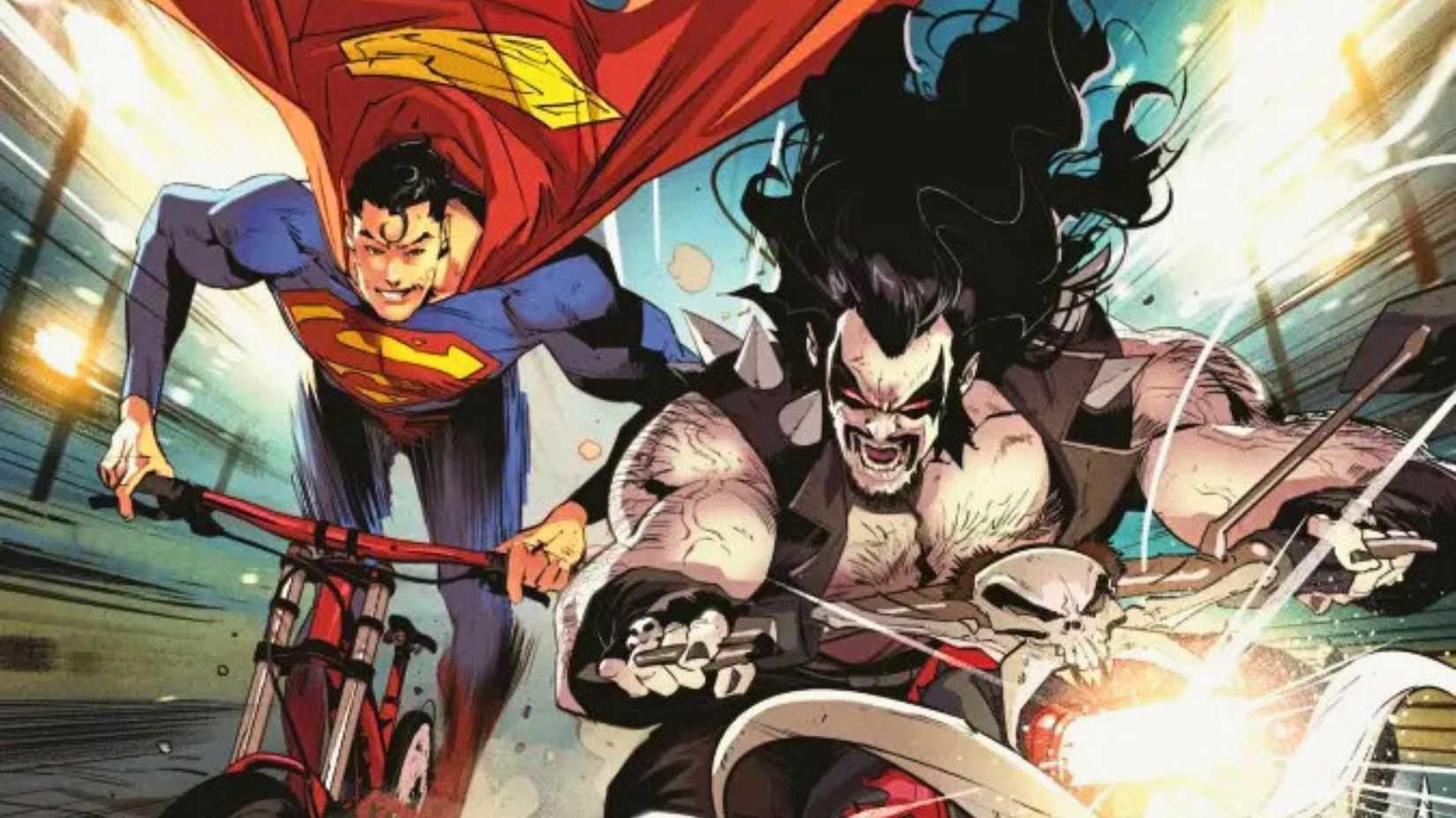 An image from Action Comics 1065 variant cover by Jorge Jimenez. It depicts Lobo on a motorcycle, racing Superman on a bicycle.