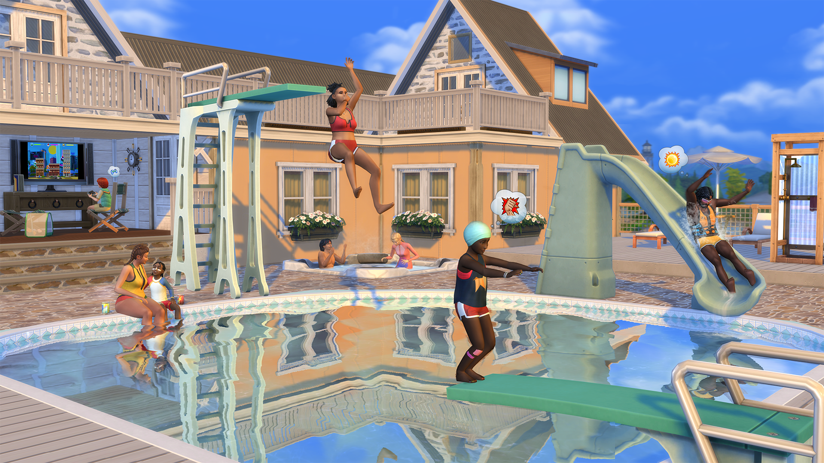 Sims of all ages in The Sims 4 Adventure Awaits using diving boards and a slide into a pool