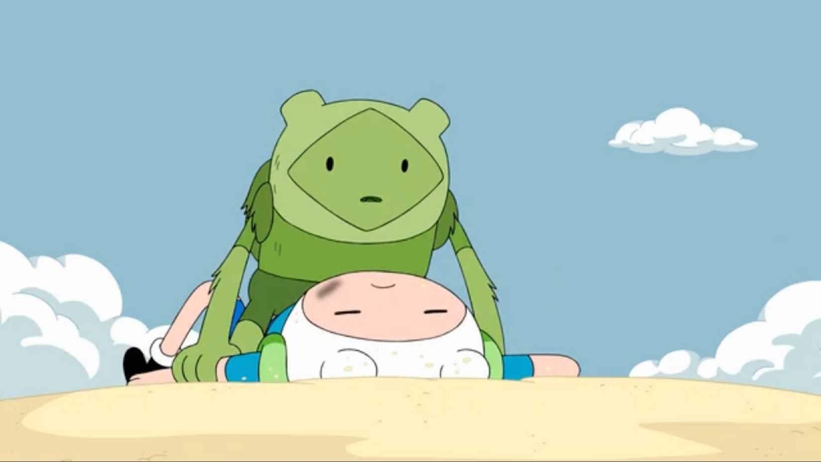 Adventure Time scene of Fern on top of Finn looking confused