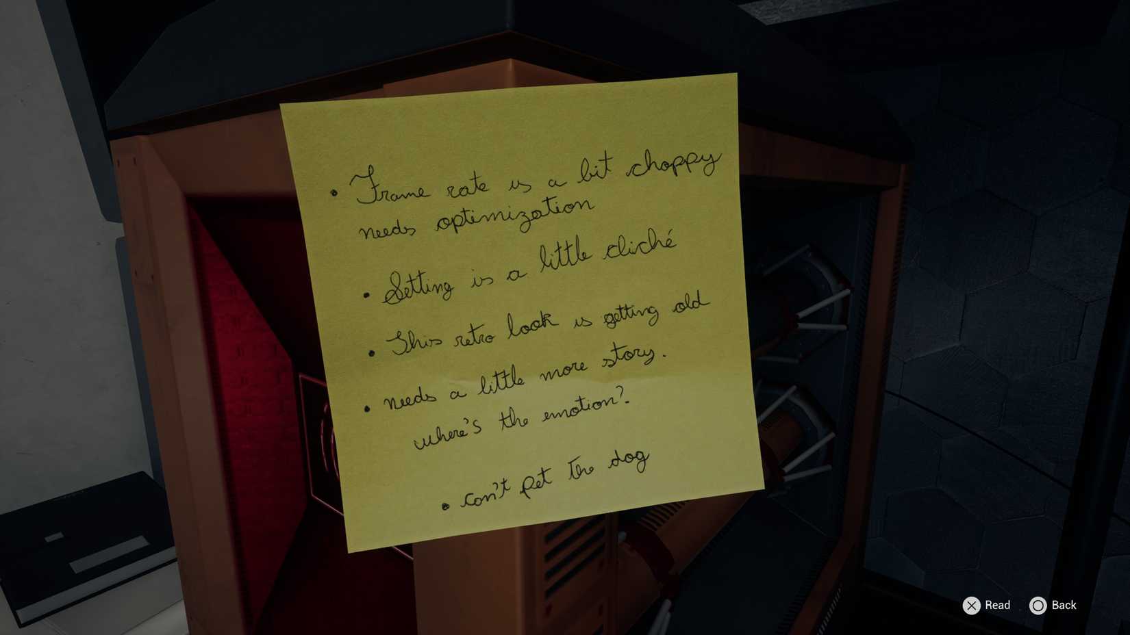 A Post-it lists the tester's complaints about the game's opening, dismissing it as clichéd.