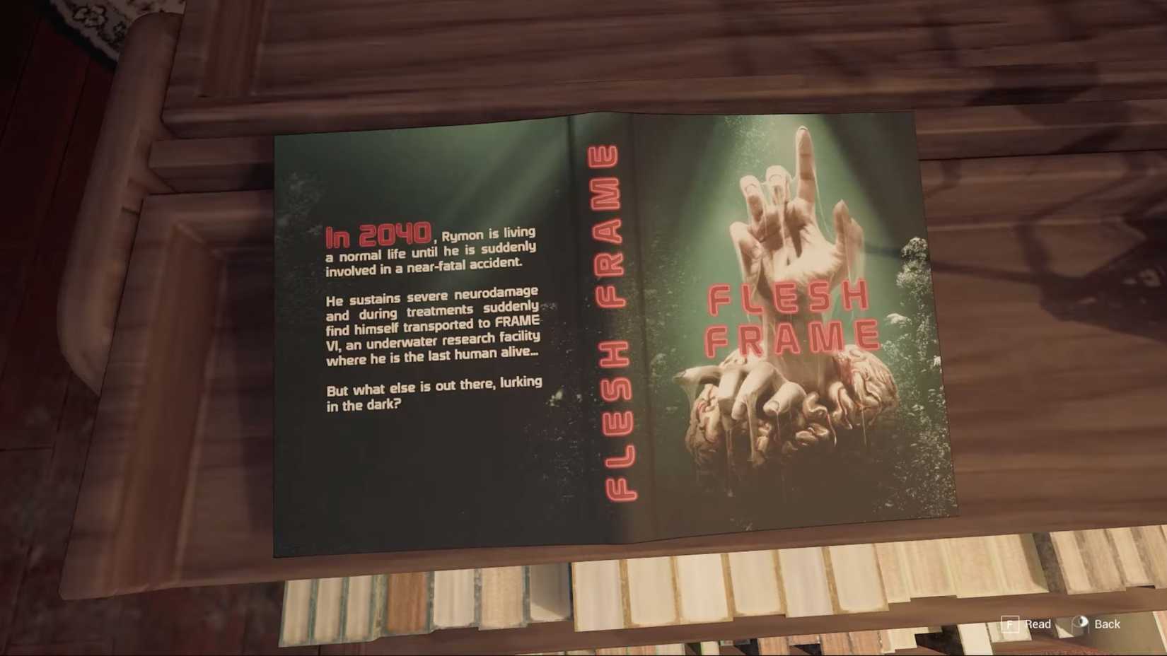 An in-game book titled 'Flesh Frame' appears to reference SOMA.