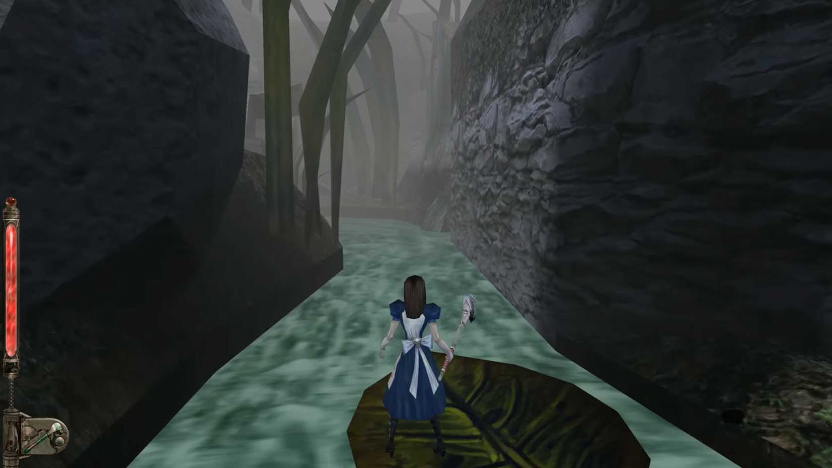 愛麗絲縮回到一片葉子上，順流而下。