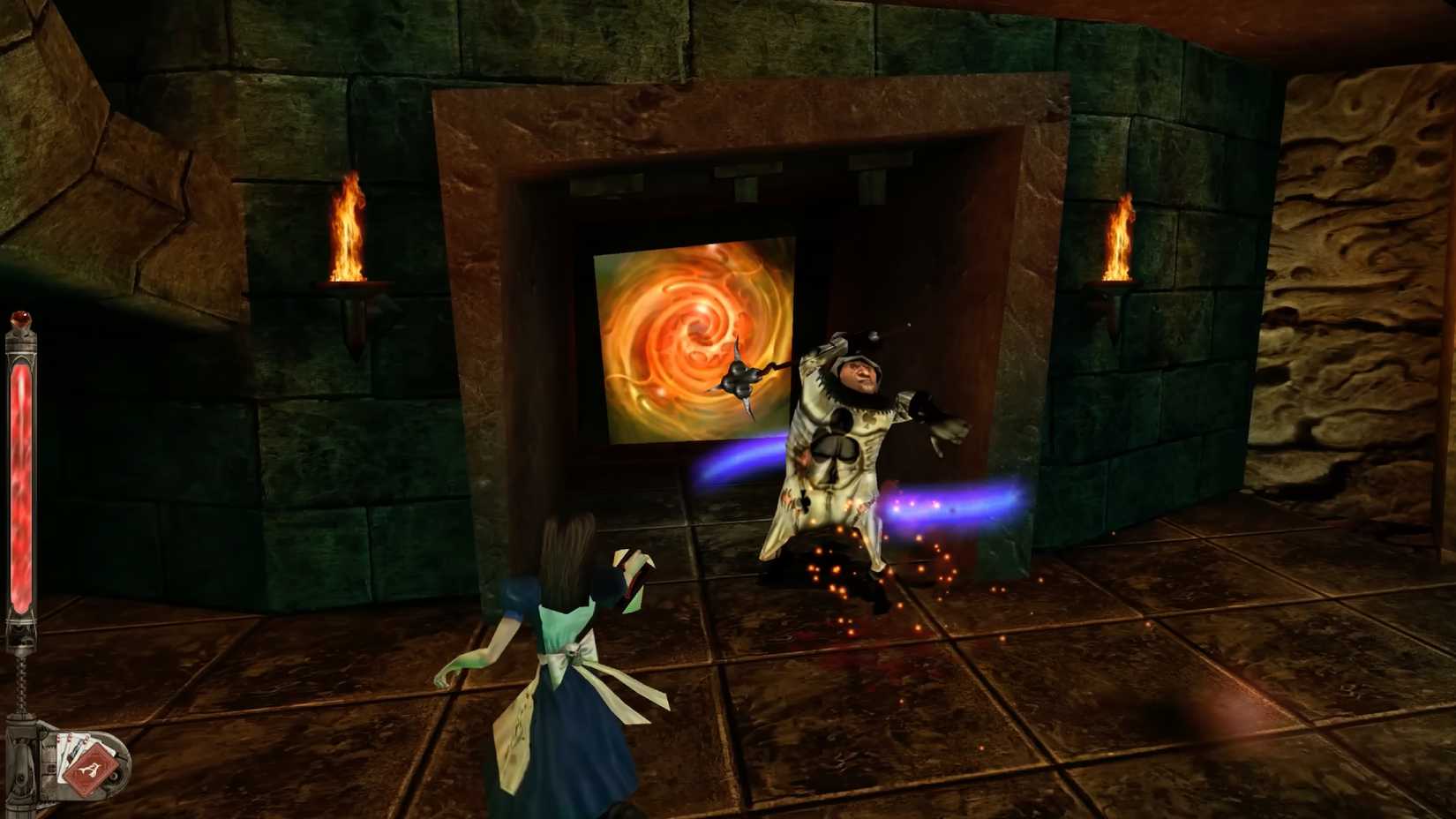 愛麗絲與紅皇后的卡牌守護者之一進行戰鬥。