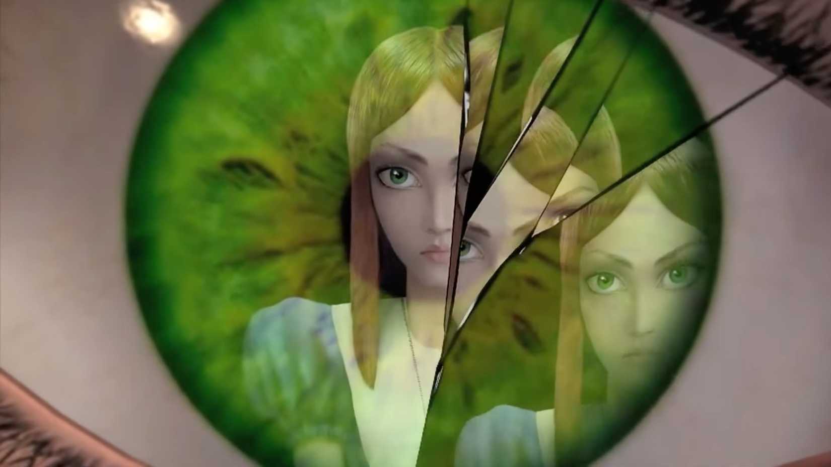 A close-up of Alice's eye, with her shattered reflection in it.